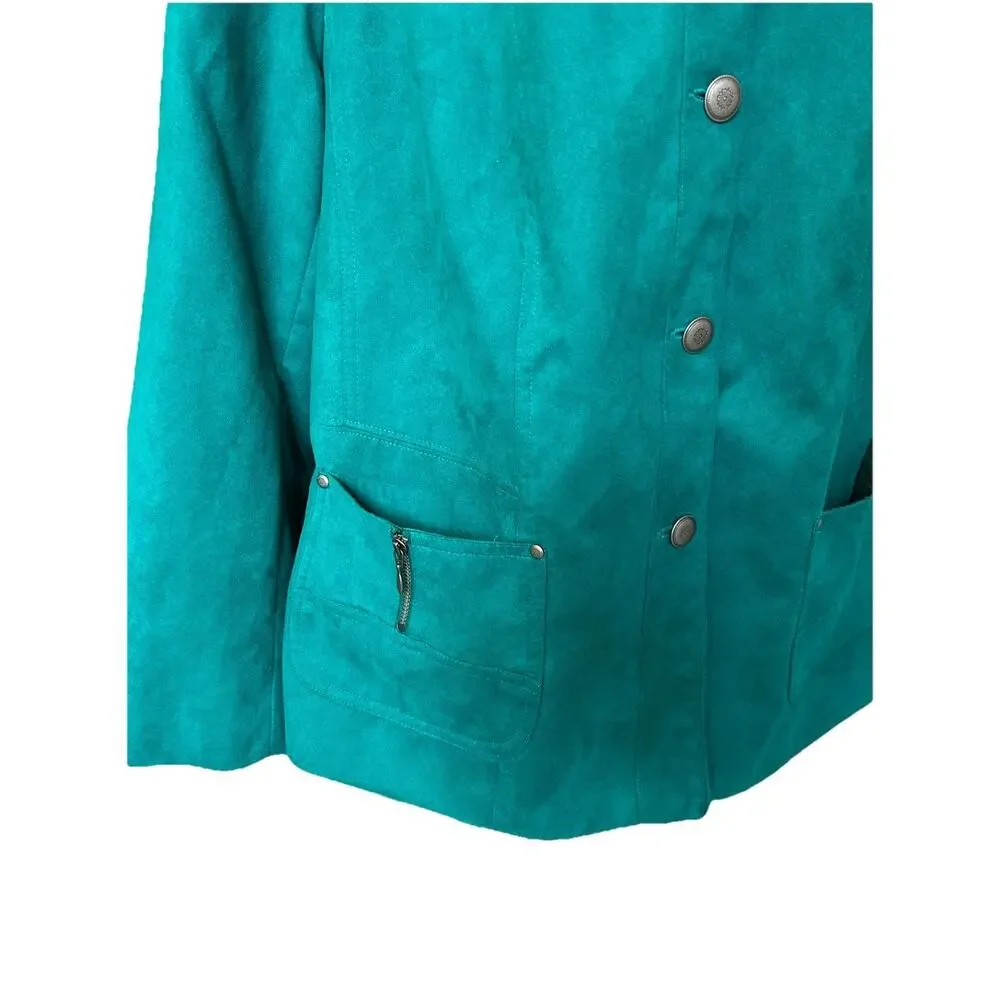 VTG 80s faux suede Coat Emerald Green Jacket Asian Blazer Office Soft Comfy 18W
